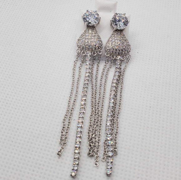 Silver 925 CZ Teardrop Chain Dangling Earrings - Picture 7 of 9